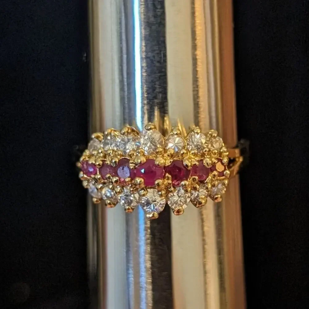 925 Sterling Vermeil Three Row Lab Created Ruby & CZ Ring Size 9.75